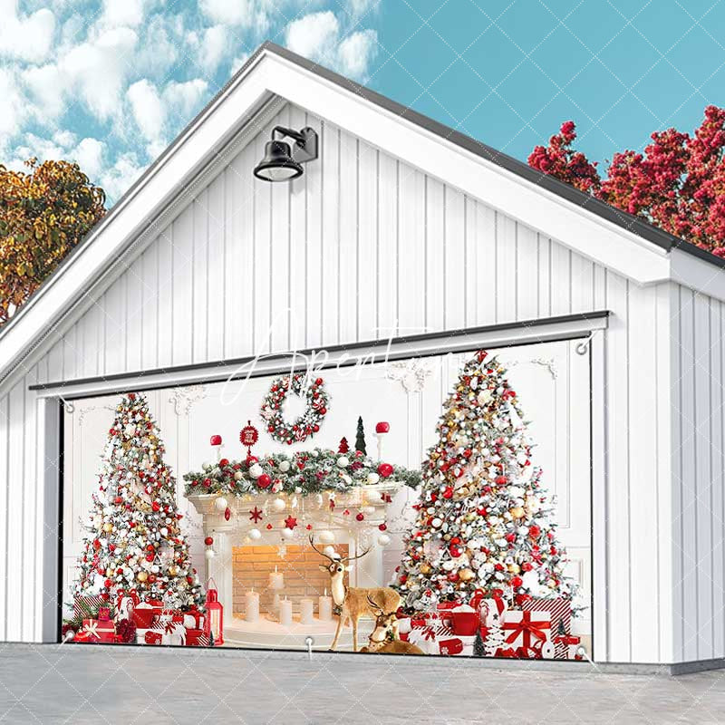 Aperturee - Aperturee White Luxury Fireplace Christmas Garage Door Banner