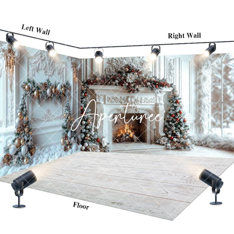 Aperturee - Aperturee White Luxury Fireplace Christmas Room Set Backdrop