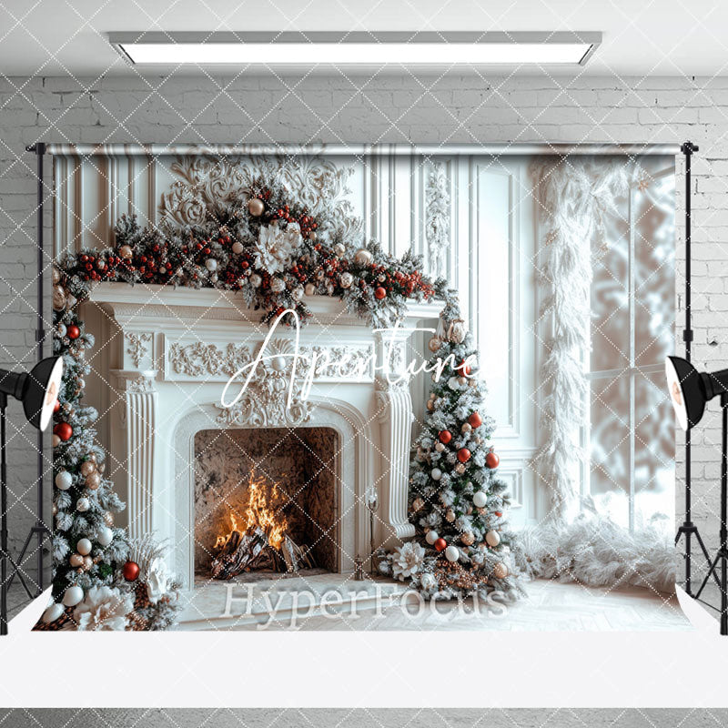 Aperturee - Aperturee White Luxury Fireplace Christmas Room Set Backdrop