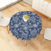 Aperturee - Aperturee White Mandala Floral Pattern Navy Blue Round Tablecloth Elegant Bohemian Dining Decor