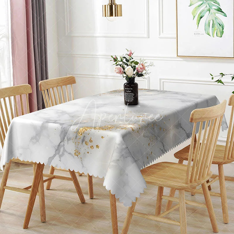 Aperturee - Aperturee White Marble and Gold Glitter Rectangle Tablecloth Elegant Stone Texture Table Cover Wedding Decor
