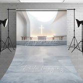 Aperturee - Aperturee White Modern Church Sweep Backdrop Glowing Cross Altar Elegant Wedding Ceremony Photography Serene Minimalist
