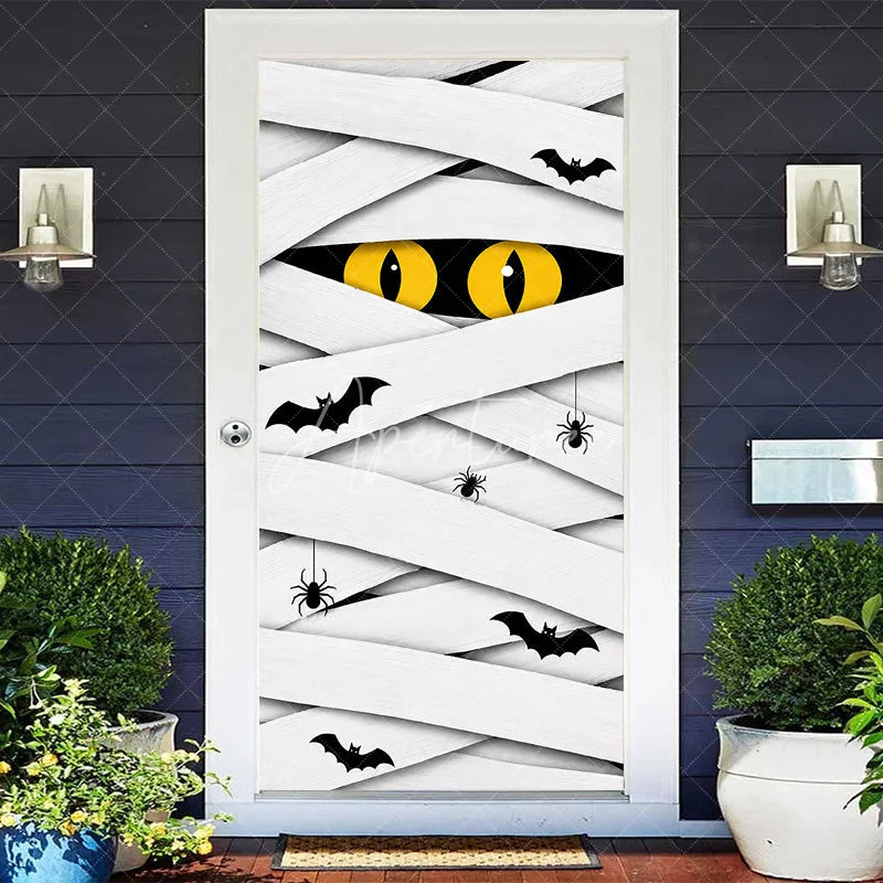 Aperturee - Aperturee White Mummy Eyes and Bats Halloween Door Cover Spooky Spider Party Decoration for Festive Celebrations