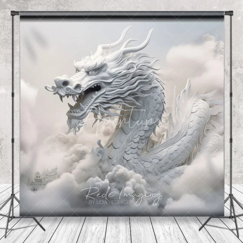 Aperturee - Aperturee White Mythical Dragon in Clouds Photography Backdrop Ethereal Fantasy Theme Majestic Portrait Studio Prop