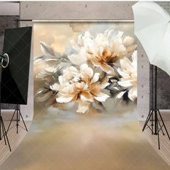 Aperturee - Aperturee White Orange Oil Painted Flowers Sweep Photo Backdrop