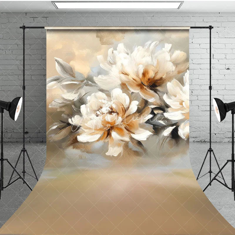Aperturee - Aperturee White Orange Oil Painted Flowers Sweep Photo Backdrop