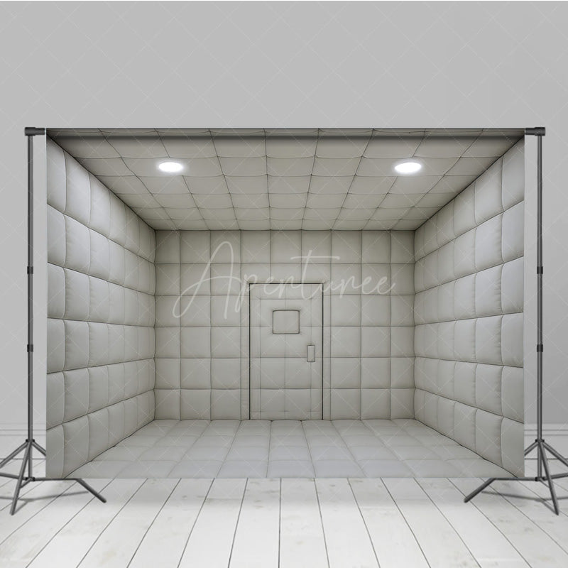 Aperturee - Aperturee White Padded Room Photography Backdrop Asylum Cell for Horror and Escape Room Minimalist Themed Photos