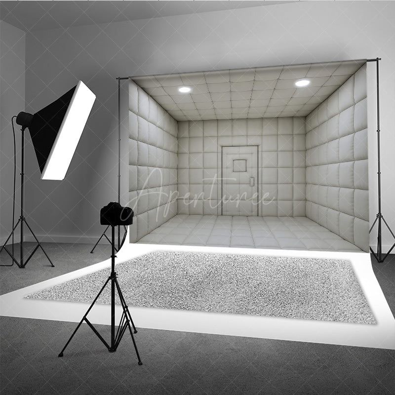 Aperturee - Aperturee White Padded Room Photography Backdrop Asylum Cell for Horror and Escape Room Minimalist Themed Photos