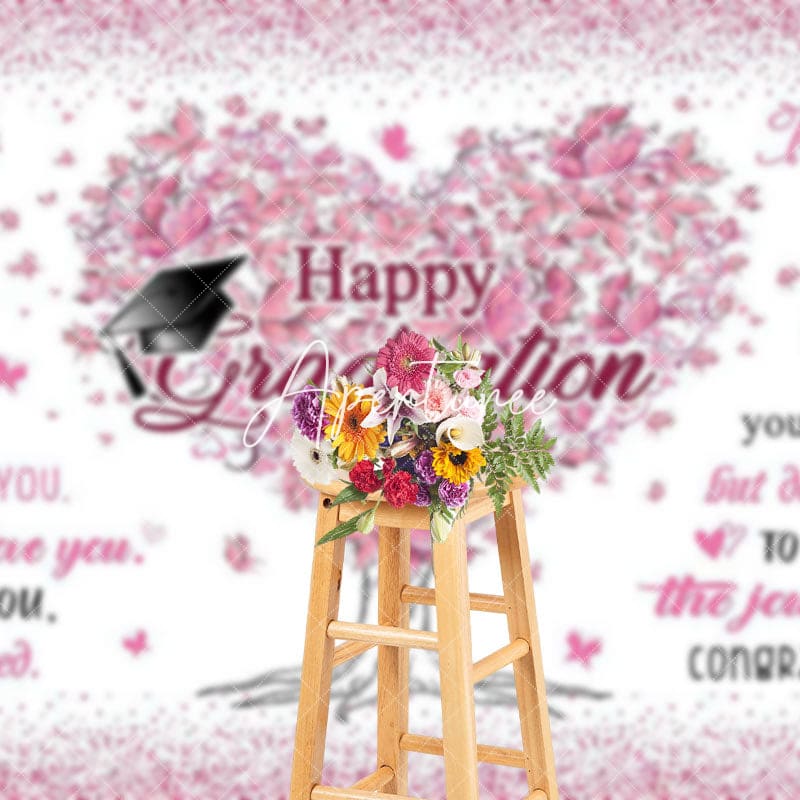 Aperturee - Aperturee White Pink Heart Floral Tree Happy Graduation Backdrop