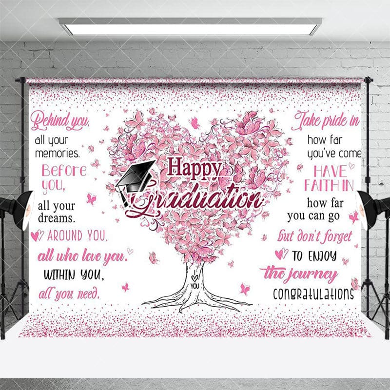 Aperturee - Aperturee White Pink Heart Floral Tree Happy Graduation Backdrop