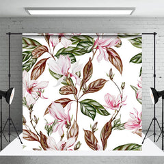 Aperturee - Aperturee White Pink Magnolia Flower Leaves Photo Backdrop