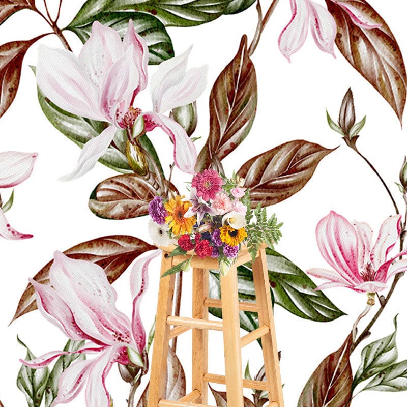Aperturee - Aperturee White Pink Magnolia Flower Leaves Photo Backdrop