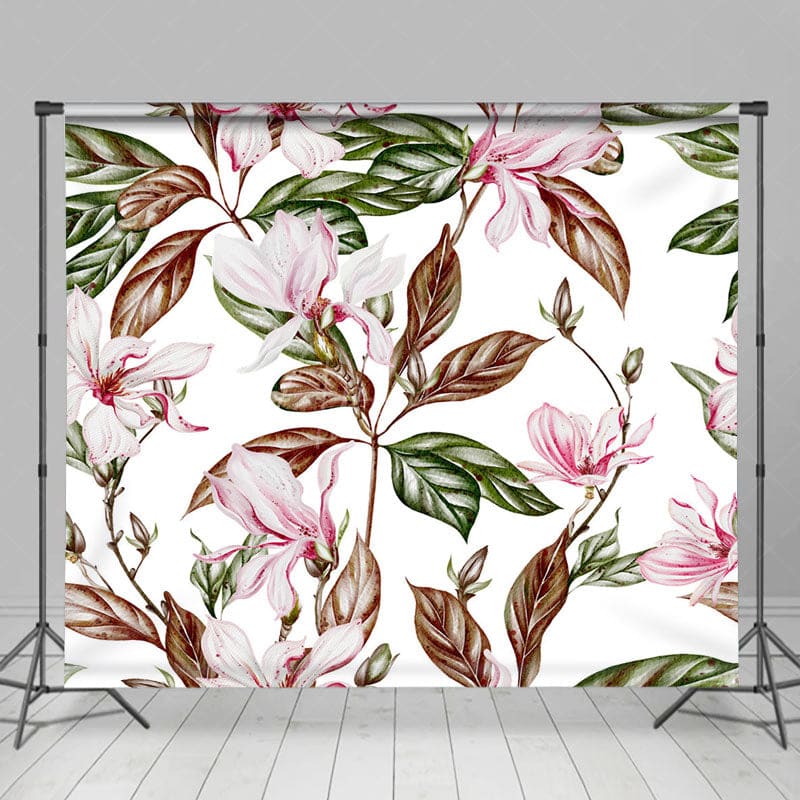 Aperturee - Aperturee White Pink Magnolia Flower Leaves Photo Backdrop