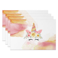 Aperturee - Aperturee White Pink Rainbow Unicorn Dining Set of 4 Placemats