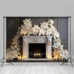 Aperturee Aperturee White Poinsettia Christmas Photography Backdrop Elegant Fireplace with Candles Classic Holiday Studio Photo Prop