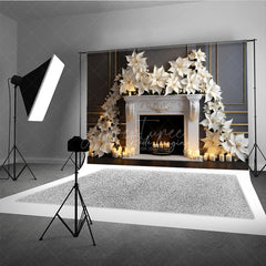 Aperturee Aperturee White Poinsettia Christmas Photography Backdrop Elegant Fireplace with Candles Classic Holiday Studio Photo Prop