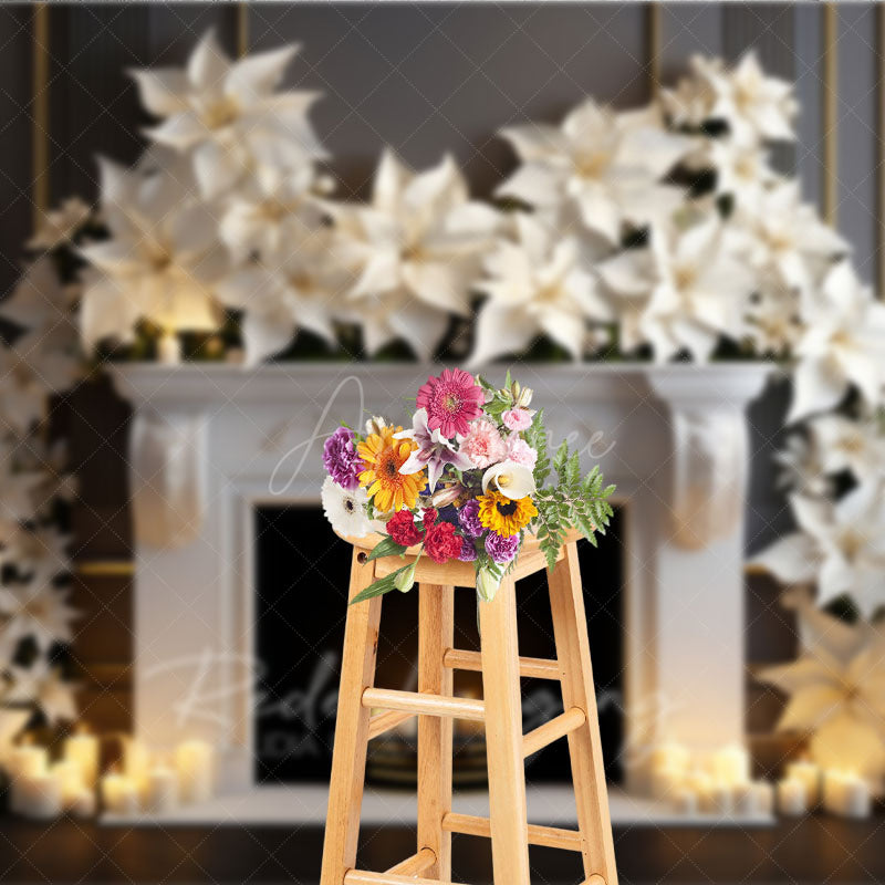 Aperturee Aperturee White Poinsettia Christmas Photography Backdrop Elegant Fireplace with Candles Classic Holiday Studio Photo Prop