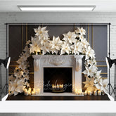Aperturee Aperturee White Poinsettia Christmas Photography Backdrop Elegant Fireplace with Candles Classic Holiday Studio Photo Prop