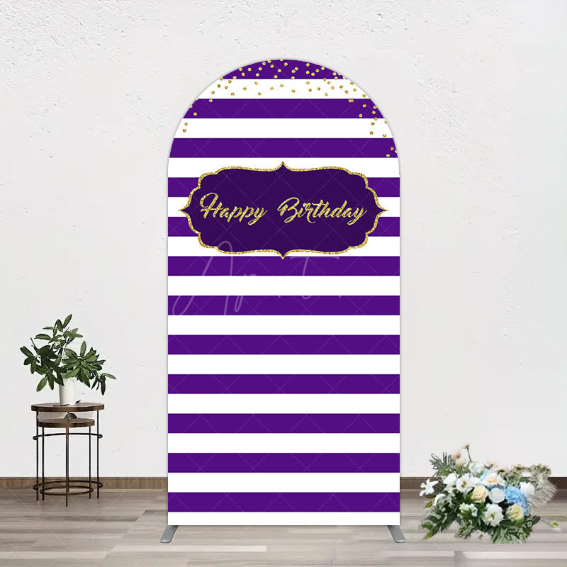 Aperturee - Aperturee White Purple Stripe Gold Glitter Birthday Arch Backdrop