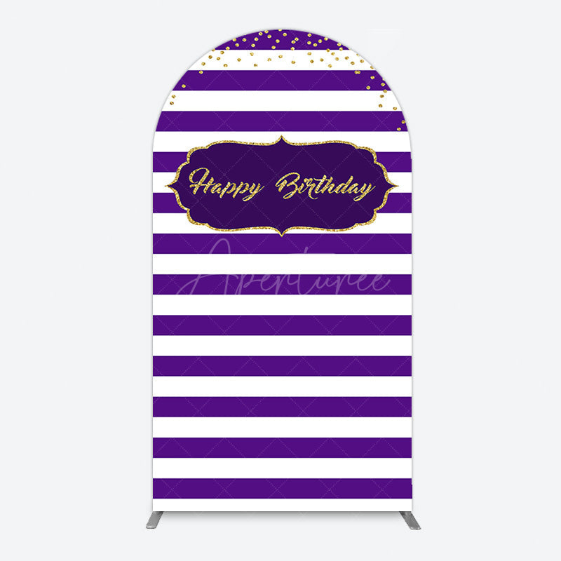 Aperturee - Aperturee White Purple Stripe Gold Glitter Birthday Arch Backdrop