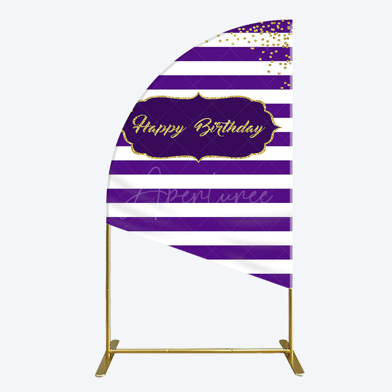 Aperturee - Aperturee White Purple Stripe Gold Glitter Birthday Half Moon Arch Backdrop
