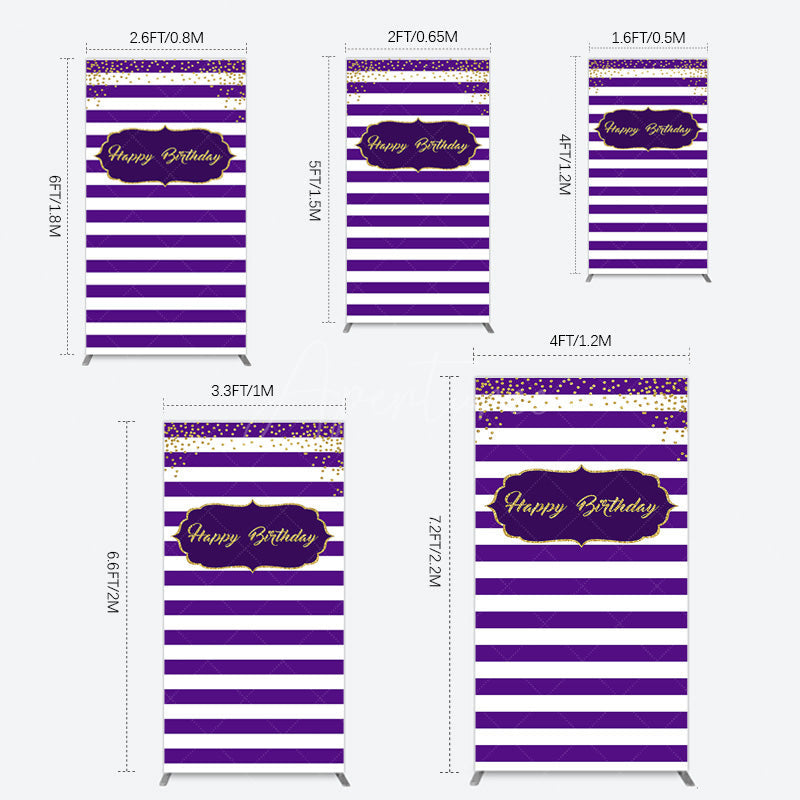 Aperturee - Aperturee White Purple Stripe Gold Glitter Birthday Rectangle Backdrop