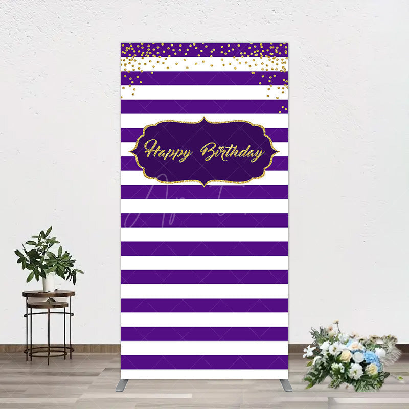 Aperturee - Aperturee White Purple Stripe Gold Glitter Birthday Rectangle Backdrop