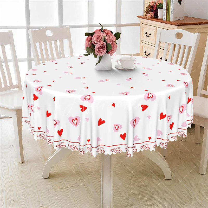 Aperturee - Aperturee White Red Heart Pattern Round Tablecloth Simple Scattered Love Table Cover for Valentine