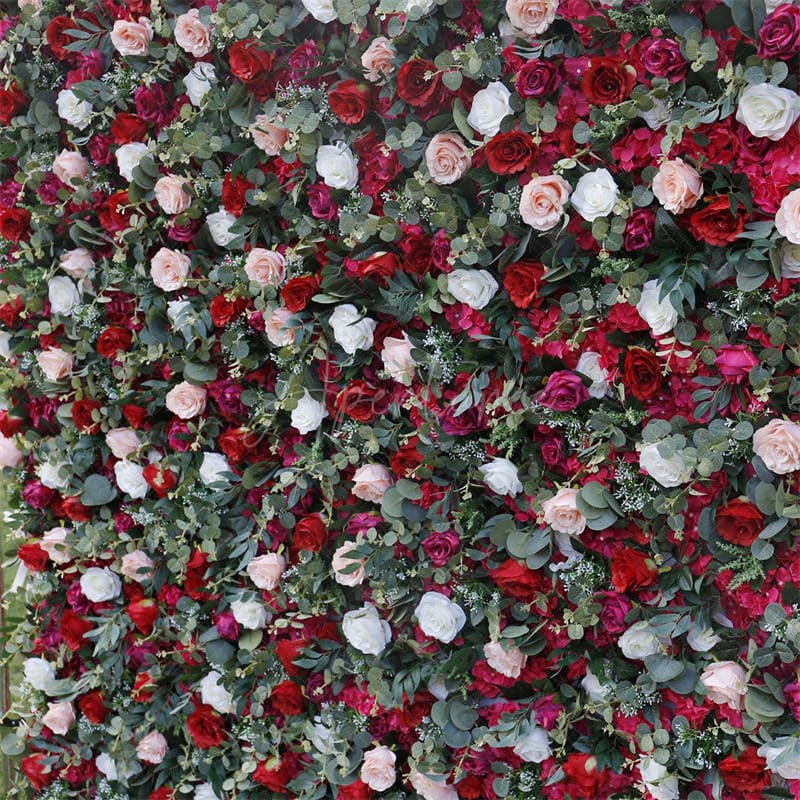 Aperturee - Aperturee White Red Rose Artificial Flower Wall Decor Backdrop