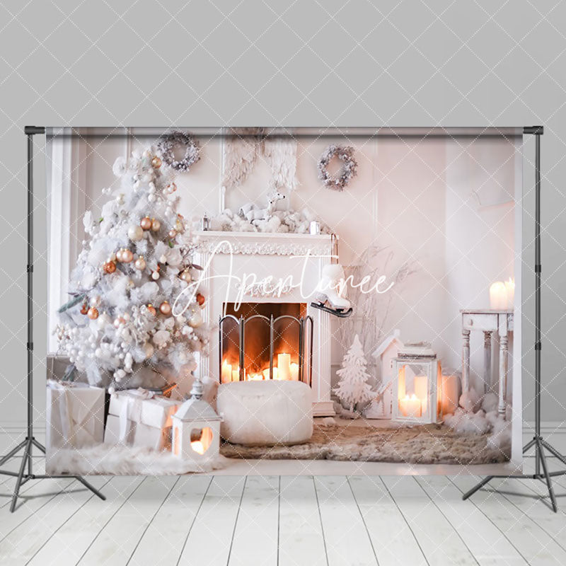 Aperturee - Aperturee White Room Fireplace Candlelight Christmas Backdrop