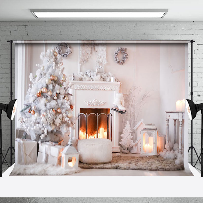 Aperturee - Aperturee White Room Fireplace Candlelight Christmas Backdrop