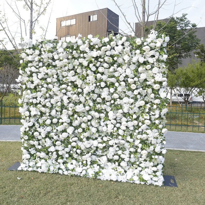 Aperturee - Aperturee White Rose and Green Foliage Artificial Flower Wall Elegant Wedding Party Decor Beautiful Event Backdrop