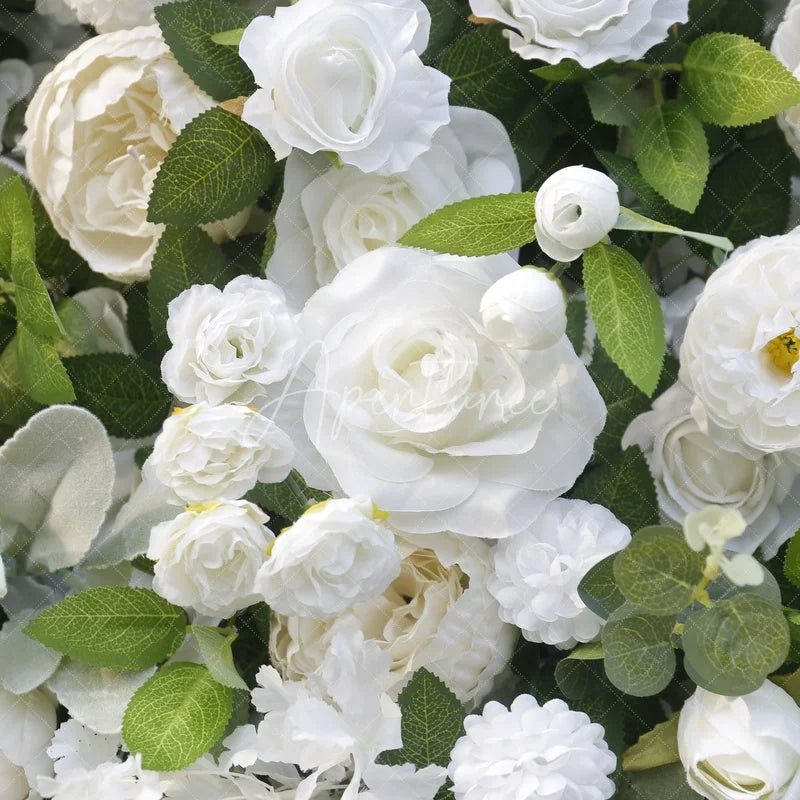 Aperturee - Aperturee White Rose and Green Foliage Artificial Flower Wall Elegant Wedding Party Decor Beautiful Event Backdrop