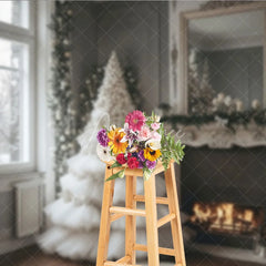 Aperturee - Aperturee White Ruffle Christmas Tree Backdrop Elegant Fireplace Photography Background Luxury Interior Holiday Party Decoration
