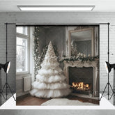 Aperturee - Aperturee White Ruffle Christmas Tree Backdrop Elegant Fireplace Photography Background Luxury Interior Holiday Party Decoration