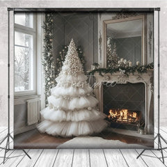Aperturee - Aperturee White Ruffle Christmas Tree Backdrop Elegant Fireplace Photography Background Luxury Interior Holiday Party Decoration