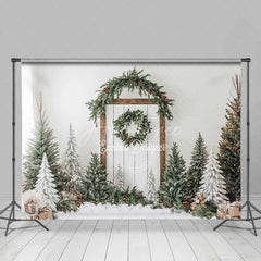 Aperturee - Aperturee White Shiplap Farmhouse Christmas Backdrop Simple Wreath Tree Photography Background