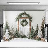 Aperturee - Aperturee White Shiplap Farmhouse Christmas Backdrop Simple Wreath Tree Photography Background