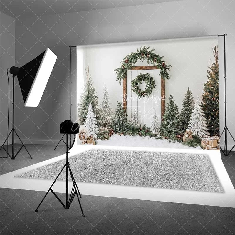 Aperturee - Aperturee White Shiplap Farmhouse Christmas Backdrop Simple Wreath Tree Photography Background