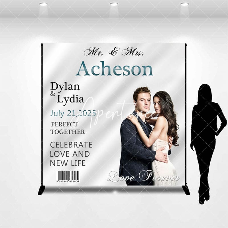 Aperturee - Aperturee White Silk Barcode Custom Name Photo Wedding Backdrop
