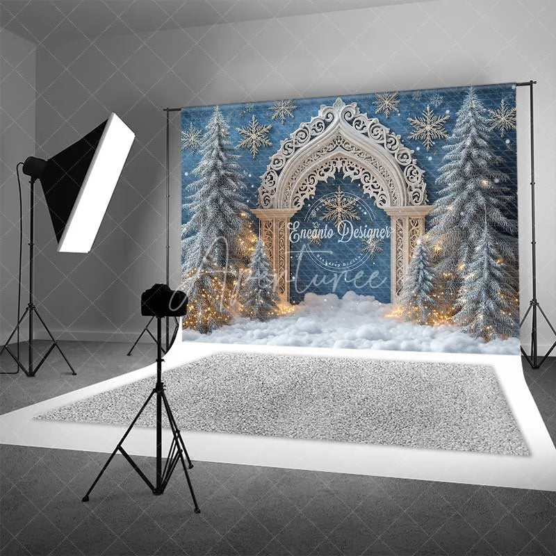 Aperturee - Aperturee White Silver Arch Christmas Backdrop Blue Winter Wonderland Snowflake Photography Background