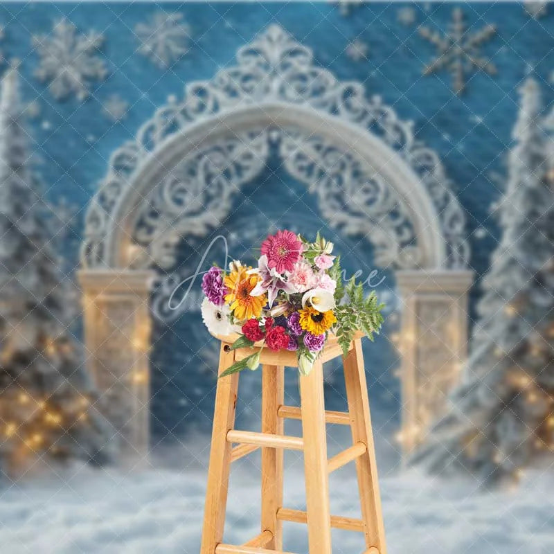 Aperturee - Aperturee White Silver Arch Lights Christmas Backdrop Blue Winter Wonderland Snowflake Photography Background