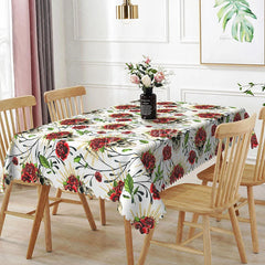 Aperturee - Aperturee White Skull and Red Rose Rectangle Tablecloth Tattoo Style Floral Skeleton Edgy Valentine Dining Decor