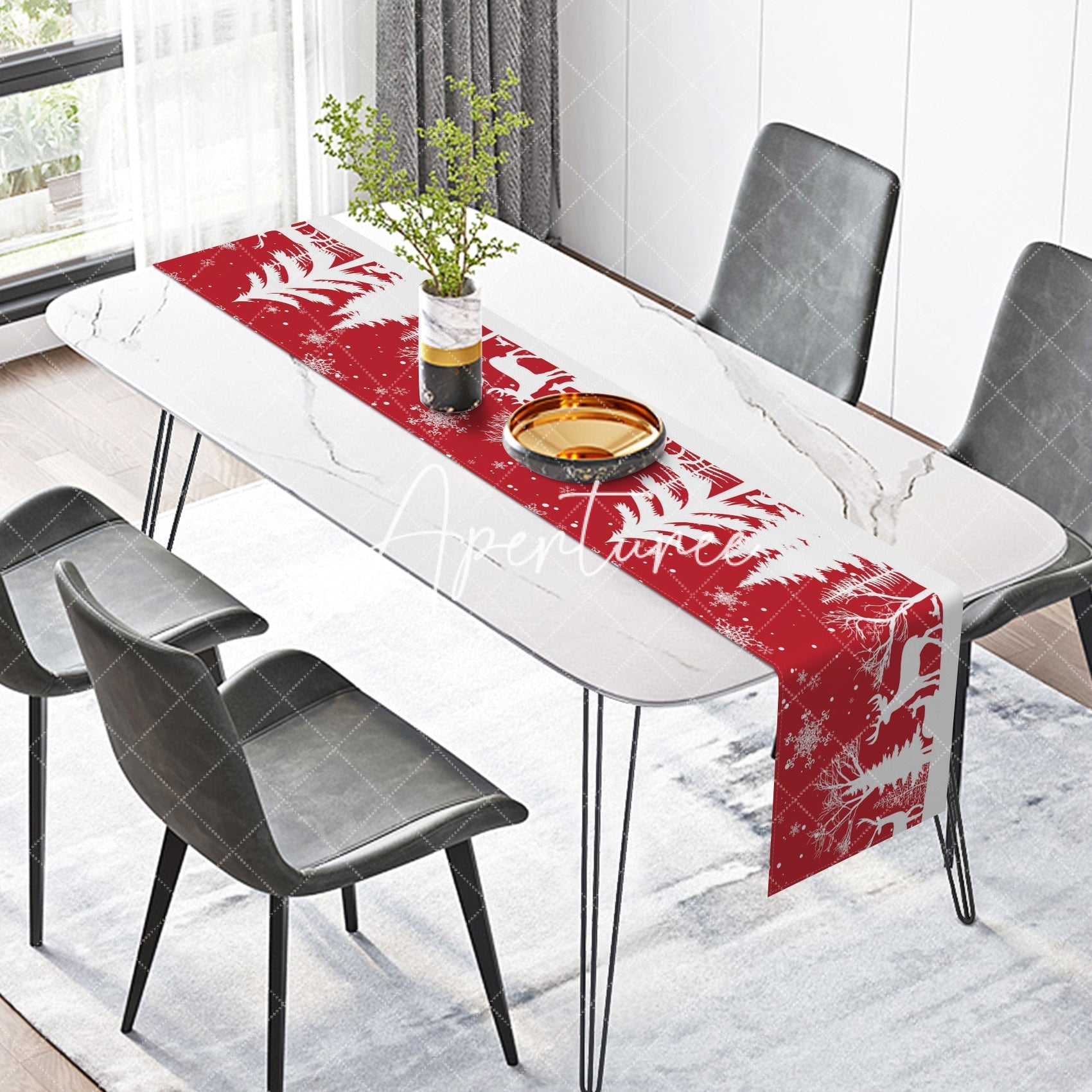 Aperturee - Aperturee White Snow Pine Forest Red Christmas Table Runner