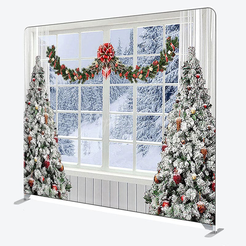 Aperturee - Aperturee White Snow Trees And Window Merry Christmas Backdrop