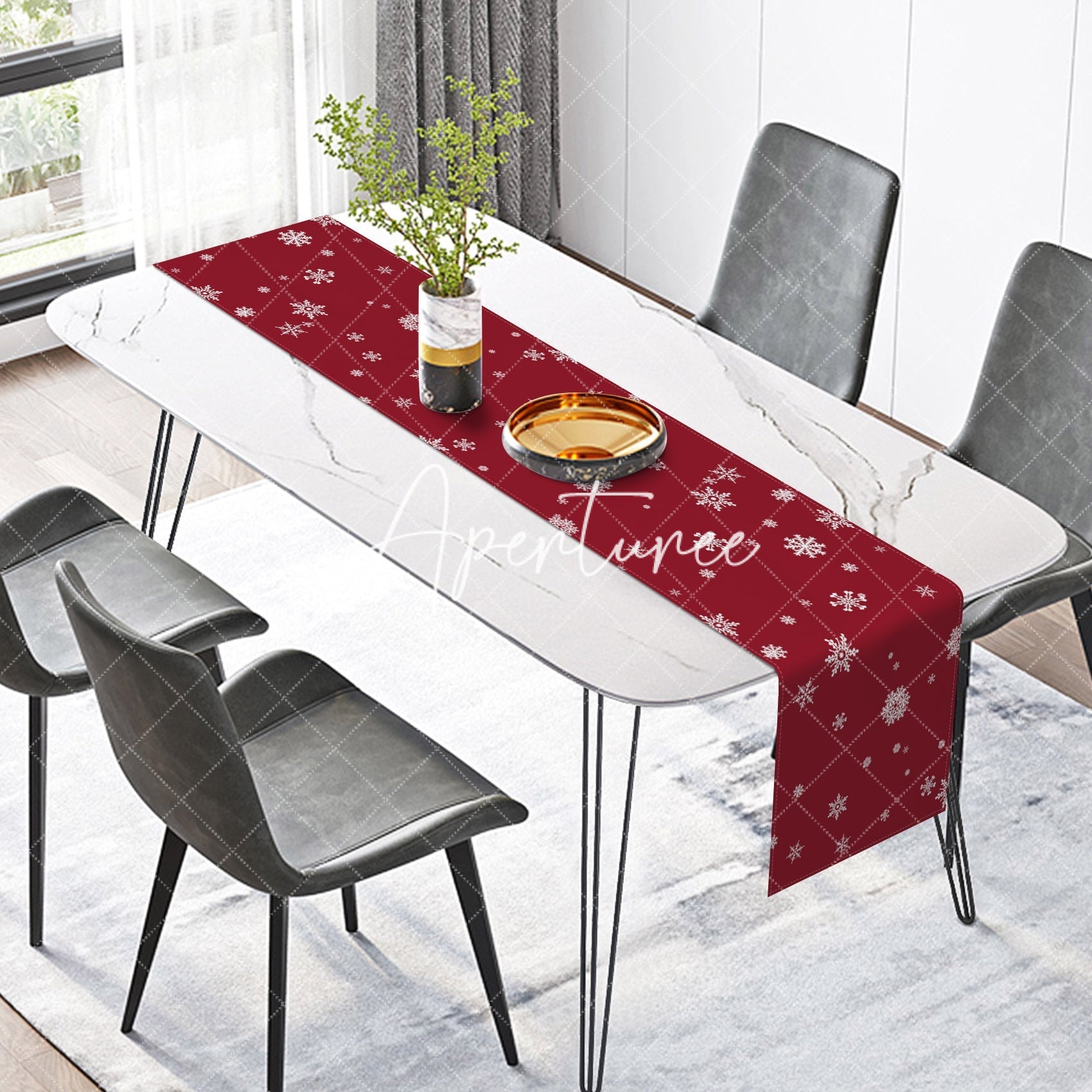 Aperturee - Aperturee White Snowflakes Red Merry Christmas Table Runner