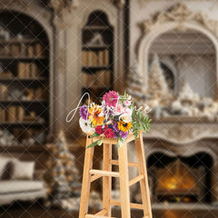 Aperturee - Aperturee White Vintage Bookshelf Fireplace Christmas Backdrop
