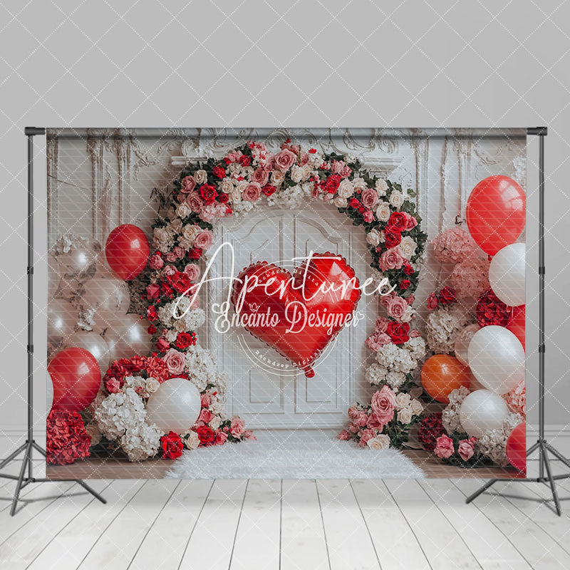 Aperturee - Aperturee White Vintage Wall Floral Balloons Romantic Backdrop