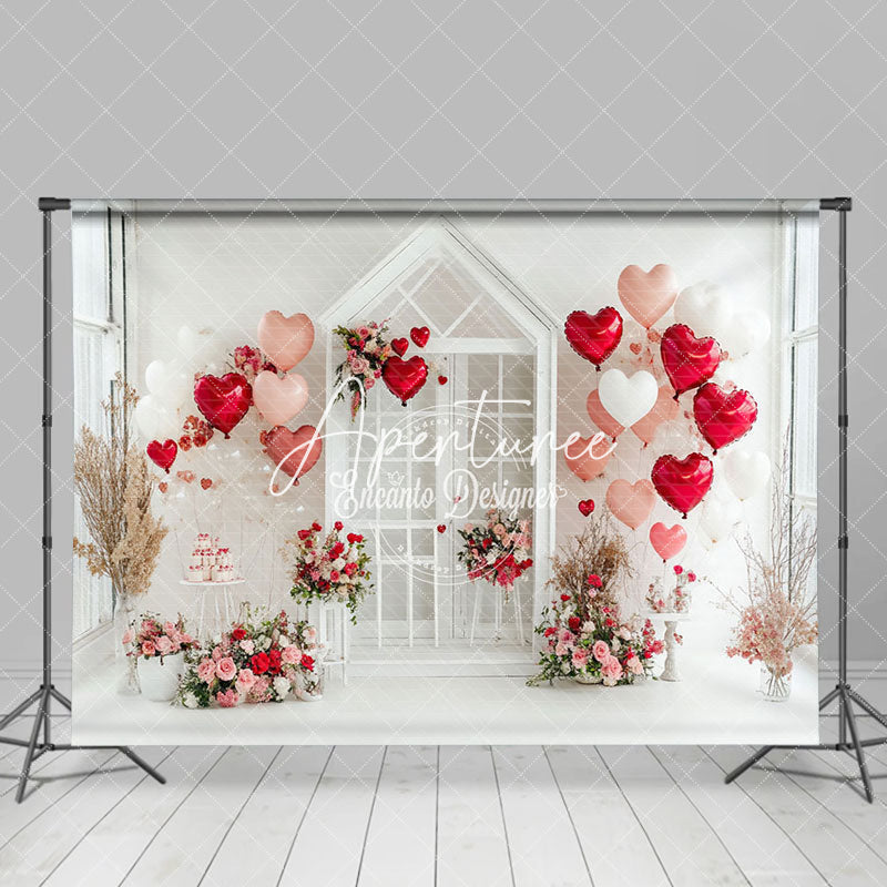 Aperturee - Aperturee White Wall Balloons Floral Valentines Day Backdrop