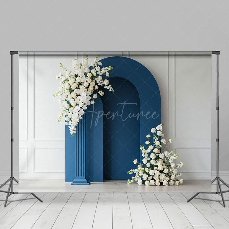 Aperturee - Aperturee White Wall Blue Arch Floral Wedding Photo Backdrop